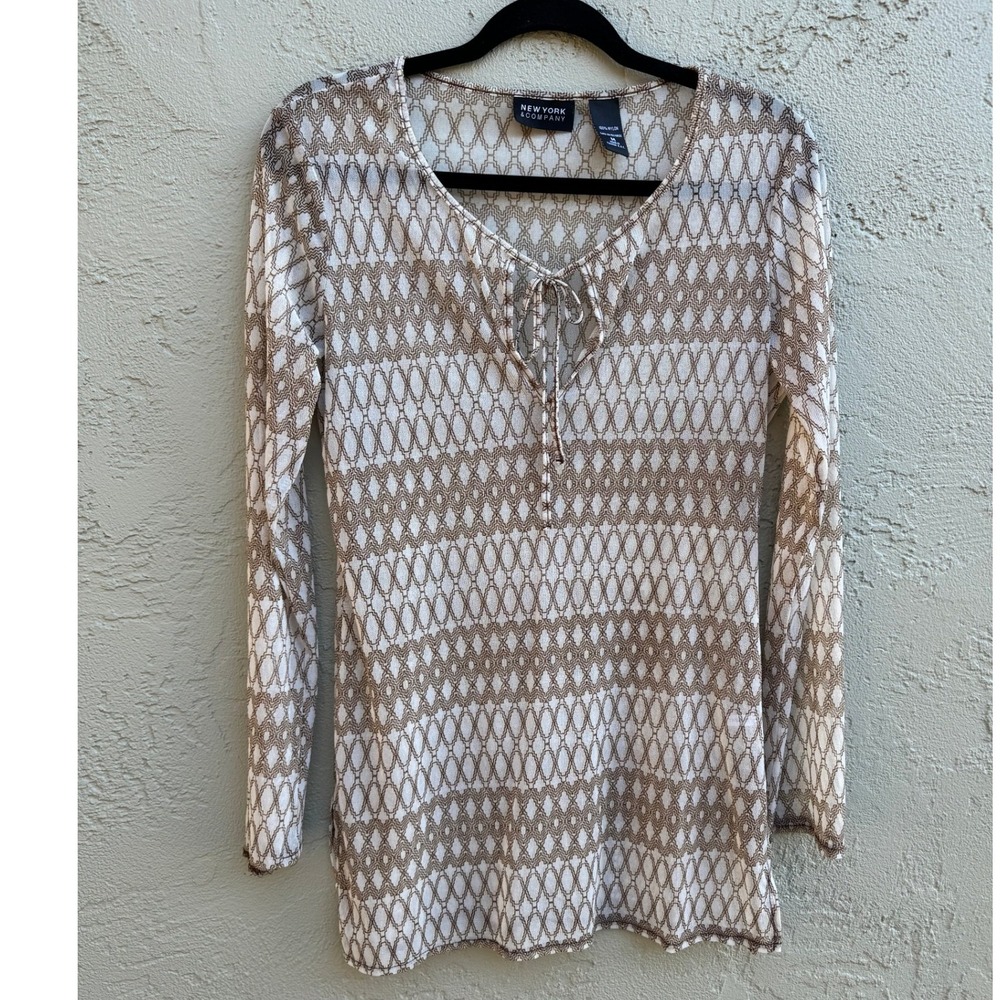 Vintage New York Co. Womens Y2K Tan Sheer Mesh geometric Long Sleeve Top MEDIUM